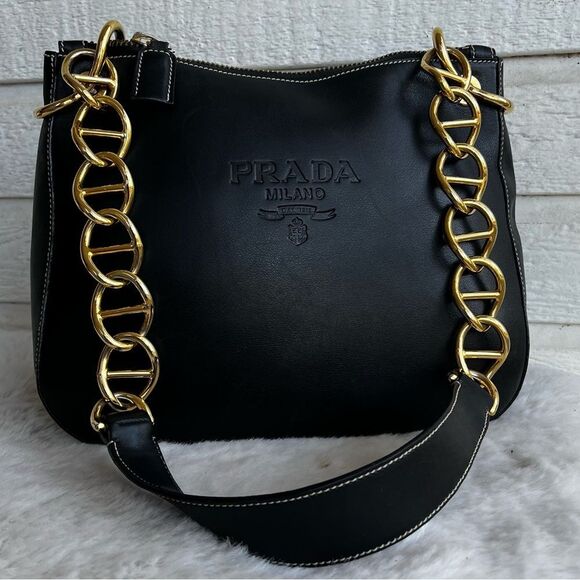 PRADA Black Leather Gold Hobo Baguette Re Edition Galleria Shoulder Bag - Picture 2 of 16